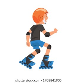 Rollerblading Boy, Cute Child Roller Skating, Teenager Outdoor Activity Cartoon Vector Illustration