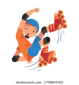 Rollerblading Boy, Teen Boy Falling on Roller Blades, Outdoor Activity Cartoon Vector Illustration