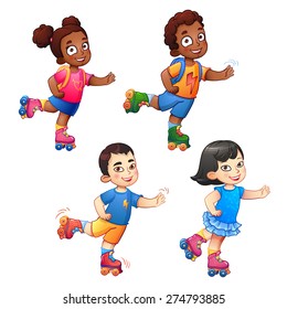 Rollerblading children boys and girls. African American children and Asian children. Children in sport, enjoy the speed and childhood. Little dark-skinned and asian children ride on roller skates