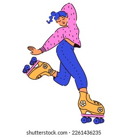 Rollerblading girl character. Roller Skates. Retro girl with blue hair on a skateboard for your design. Fashionable style of the 90s. Nostalgia for the 90s - 2000s. Vector isolated. Flat style.