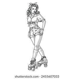 Pegatina pin-up niña patinadora monocromática con modelo atractivo usando zapatillas con ruedas para caminar por las calles de la ciudad Ilustración vectorial