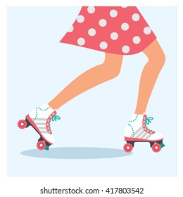 Rollerblading girl vector illustration. Woman wearing skirt and retro style roller skates. 