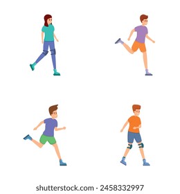 Rollerblading icons set cartoon vector. Young people roller skating. Sport, outdoor activity