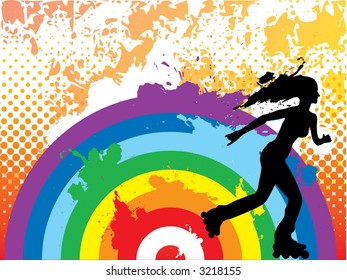 Rollerblading over rainbow. Grunge halftone background. (Vector)