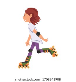 Rollerblading Teen Girl, Cute Child Roller Skating, Teenager Outdoor Activity Cartoon Vector Illustration