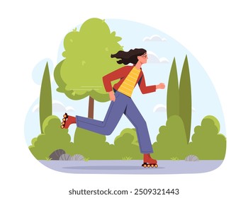 Conceito de mulher patinando. Jovem menina de patins no parque da cidade. Estilo de vida ativo e esportes. Adolescente com lazer ao ar livre. Ilustração de vetor plano isolada no plano de fundo branco