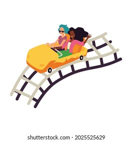 Rollercoaster Attractions Car With People On Railroad, Flat Vector Illustration Isolated On White Background. Amusement Park Roller Coaster Attraction.