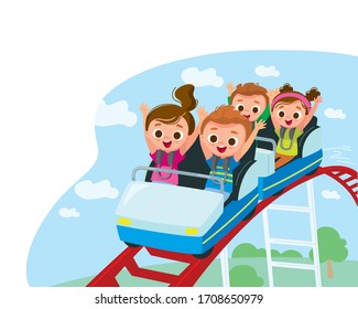 Roller-coaster. Children ride on roller-coaster in amusement park. Children have fun in amusement park. Roller coaster. Exhilarating rides.