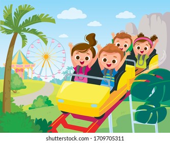 Roller-coaster. Children ride on roller-coaster in amusement park. Children have fun in amusement park. Roller coaster. Exhilarating rides.