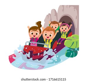 Roller-coaster. Children ride on roller-coaster with water splash in amusement park. Children have fun in amusement park. Exhilarating rides. Joyful kids. 