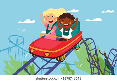 Roller-coaster concept. Happy children riding on roller-coaster in amusement park. Diverse hildren having fun in amusement park. Roller coaster. Exhilarating rides. Flat cartoon vectot illustration