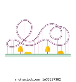 Rollercoaster or entertainment park attractions silhouette with trees, flat vector illustration isolated on white background. Amusement and fun symbol.