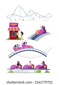 Rollercoaster. Friends riding in amusement park have fun positive emotion garish vector roller coaster attraction