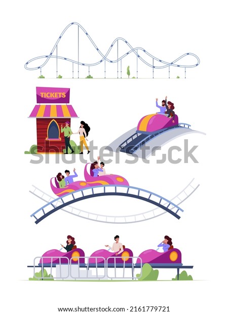 Rollercoaster. Friends\
riding in amusement park have fun positive emotion garish vector\
roller coaster\
attraction