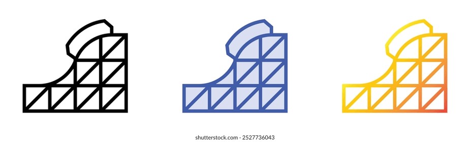 Icono de montaña rusa. Lineal, relleno azul y diseño de estilo degradado aislado sobre fondo blanco