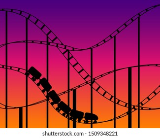 Rollercoaster silhouette on sunset sky background. Attractions vector illustration.