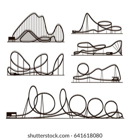 Rollercoaster vector vector black silhouettes isolated on white. Amusement park icons