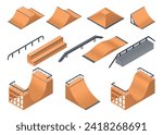 Rollerdrome construction skate park for skateboard jumping stunts set realistic vector illustration. Quarter and half pipe ramps with railings speed bumps and bench for outdoor extreme sport activity