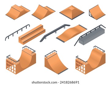 Rollerdrome construction skate park for skateboard jumping stunts set realistic vector illustration. Quarter and half pipe ramps with railings speed bumps and bench for outdoor extreme sport activity