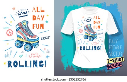 Rollers, girls, ride, skate board boys sketch style doodles cool lettering slogans for t-shirt design print posters hello summer. Hand drawn vector illustration.