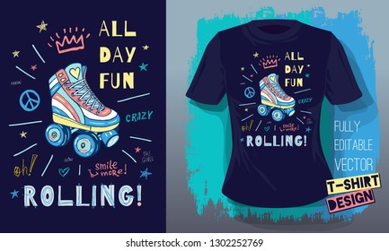 Rollers, girls, ride, skate board boys sketch style doodles cool lettering slogans for t-shirt design print posters hello summer. Hand drawn vector illustration.