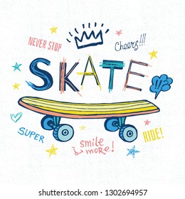 Rollers, girls, ride, skate board sketch style doodles cool lettering slogans for t-shirt design print posters hello summer. Hand drawn vector illustration.