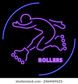 rollers neon sign, modern glowing banner design, colorful modern design trend on black background. Vector illustration.