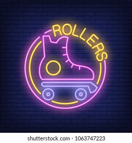 Rollers neon word with roller skate logo. Neon sign, night bright advertisement, colorful signboard, light banner. Vector illustration in neon style.