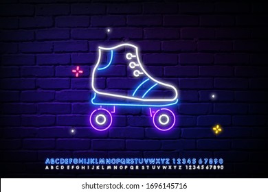 Rollers neon word with roller skate logo. Neon sign, night bright advertisement, colorful signboard, light banner. Vector illustration in neon style.