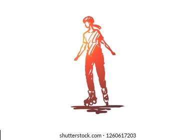 Rollers, skate, sport, activity, girl concept. Hand drawn woman rollerblading concept sketch. Isolated vector illustration.