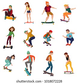 Rollers and skateboarders characters in in various poses of movement isolated colored icons set flat vector illustration