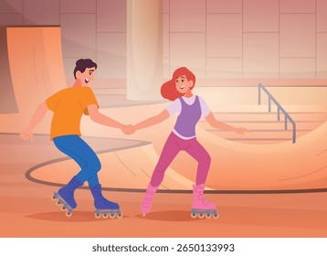 Rollers skaters. happy couple riding in skate park