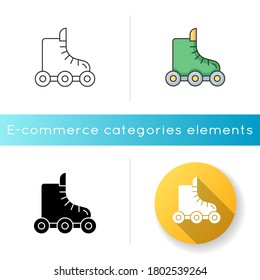 Rollerskate icon. Footwear for derby. Roller blades. Boot for fitness. Extreme sport. Rollerblading exercise. Sport and recreation. Linear black and RGB color styles. Isolated vector illustrations