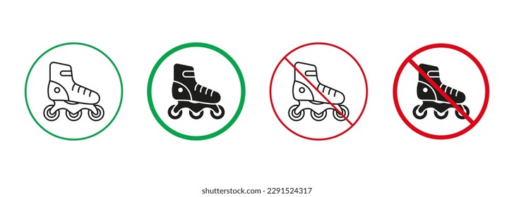 Rollerskate Line and Silhouette Icons Set. Roller Skate Red and Green Signs. Allowed and Prohibited Sports Footwear Pictogram. Skating Zone. Isolated Vector Illustration.