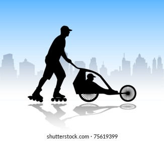 rollerskater pushing stroller with child in it - vector