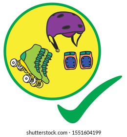 Rollerskates, helmet and knee pads in circle with check mark. Warning poster about protection. Rules for active sports.