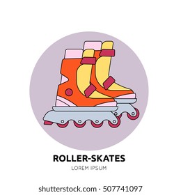 Roller-skates - Personal transportation device. Vector illustration in modern line flat style. Element for logo, icon, emblem. Eco alternative urban transport, isolated on white background.
