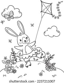 Rollerskating bunny coloring book page illustration. A sweet little bunny rollerskating while flying a kite. This vector line art is black and white and is perfect for kids to color.