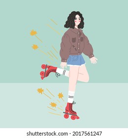 Roller-skating girl. Cartoon illustration in trendy style. 