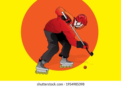 A roller-skating hockey player wearing 
a helmet, gloves, and protective suit.