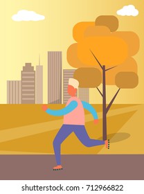 Roller-skating man having fun in park in autumn, with sky, skyscrapers and golden tree and grass on background vector illustration