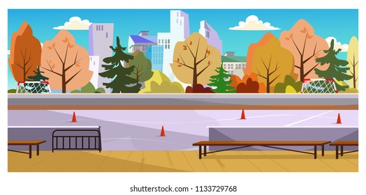 Roller-skating space with traffic cones vector illustration. City court with autumn trees around. Recreation concept