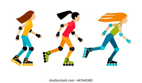 Roller-skating women. Sport characters in flat style. Isolated on white background.