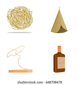 Roll-field, Indian wigwam, lasso, whiskey bottle. Wild West set collection icons in cartoon style vector symbol stock illustration web.