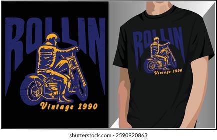 Rollin Motorcycle T Shirt Design, Vintage Motorbike t shirt design vector, Biker, Dirt Racing, Motorcycle Illustration.