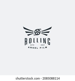 rolling angel film logo vector design illustration. modern roll movie with wings logo icon vector design template. 