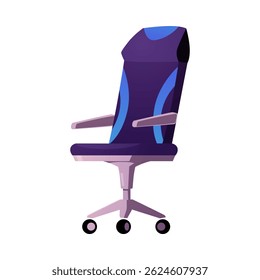 Rolling armchair flat icon. The office or desk seat furniture, ergonomic gamer or computer chair on wheels. Vector illustration isolated on white. Cartoon home interior armchair blue modern design