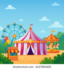 rolling circus with a marquee, a carousel, a Ferris wheel, a ticket office, an amusement park