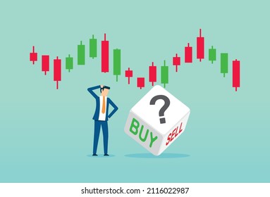 Rolling dice with buy or sell, crypto currency, investment decision in volatile stock market, thinking investor on graph, Vector illustration design concept in flat style