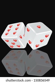 Rolling dice with hearts on a black background